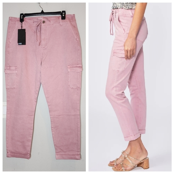 NWT PAIGE Stretch Denim Christy Pink Cargo Tapered High Rise Cuffed Pants. 33/16 - Picture 1 of 16